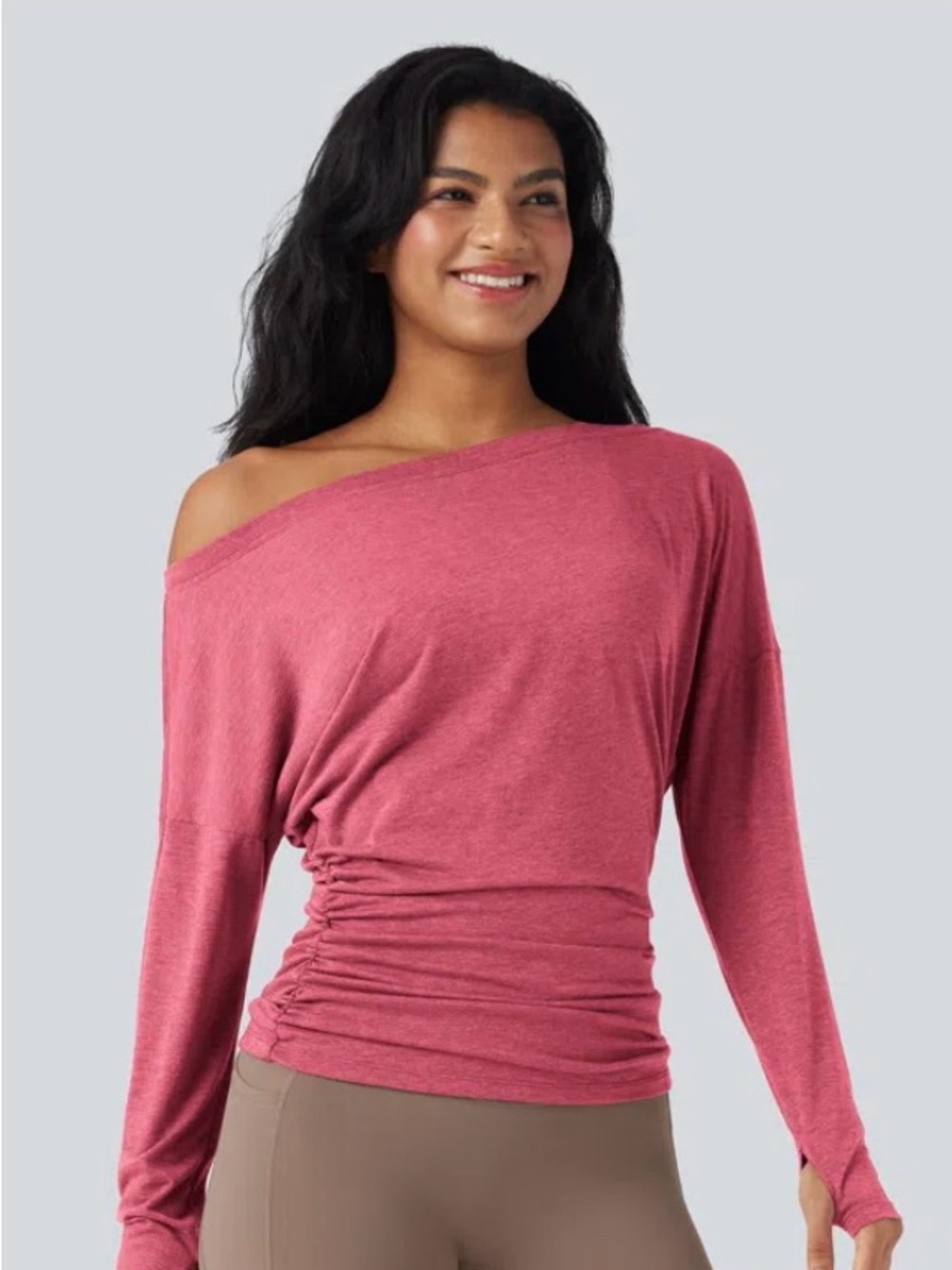 Halara One Shoulder Long Sleeve Thumb Hole
Ruched Yoga Sports Top, NWT